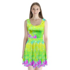 Fluorescent Yellow And Pink Abstract Garden Foliage Split Back Mini Dress  by myrubiogarden