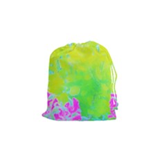 Fluorescent Yellow And Pink Abstract Garden Foliage Drawstring Pouch (small) by myrubiogarden