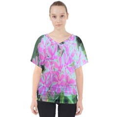 Hot Pink And White Peppermint Twist Garden Phlox V-neck Dolman Drape Top by myrubiogarden