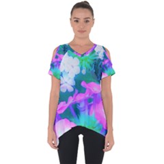 Pink, Green, Blue And White Garden Phlox Flowers Cut Out Side Drop Tee by myrubiogarden
