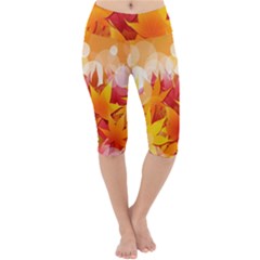 Autumn Background Maple Leaves Bokeh Lightweight Velour Cropped Yoga Leggings by Wegoenart