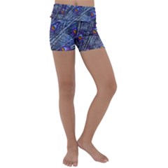 Peacock Feathers Color Plumage Kids  Lightweight Velour Yoga Shorts by Wegoenart