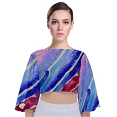 Painting Abstract Blue Pink Spots Tie Back Butterfly Sleeve Chiffon Top by Wegoenart