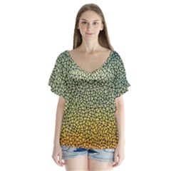 Background Cubism Mosaic Vintage V-neck Flutter Sleeve Top by Wegoenart