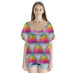 Trianggle Background Colorful Triangle V-neck Flutter Sleeve Top by Wegoenart