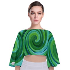 Groovy Abstract Turquoise Liquid Swirl Painting Tie Back Butterfly Sleeve Chiffon Top by myrubiogarden