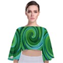 Groovy Abstract Turquoise Liquid Swirl Painting Tie Back Butterfly Sleeve Chiffon Top View1