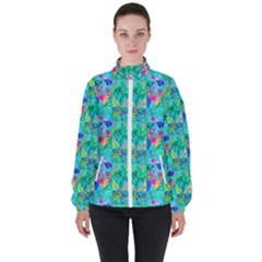Garden Quilt Painting With Hydrangea And Blues High Neck Windbreaker (women) by myrubiogarden