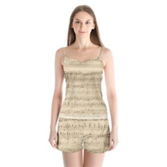 Vintage Beige Music Notes Satin Pajamas Set by Pakrebo