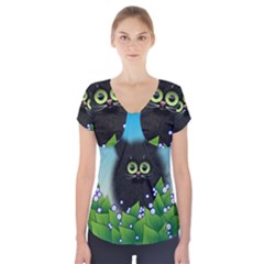 Kitten Black Furry Illustration Short Sleeve Front Detail Top by Pakrebo