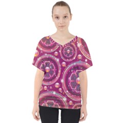 Abstract Background Floral Glossy V-neck Dolman Drape Top by Pakrebo