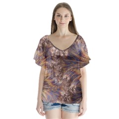 Puckered Fractal Artwork Design V-neck Flutter Sleeve Top by Pakrebo