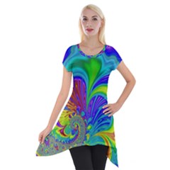 Fractal Neon Art Artwork Fantasy Short Sleeve Side Drop Tunic by Pakrebo