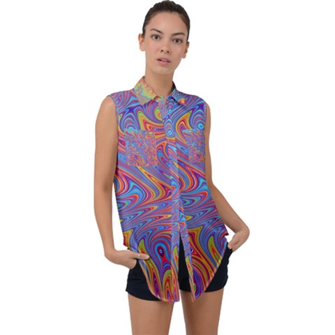 Fractal Psychedelic Fantasy Surreal Sleeveless Chiffon Button Shirt by Pakrebo