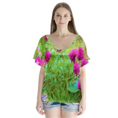 Impressionistic Purple Peonies With Green Hostas V-neck Flutter Sleeve Top by myrubiogarden