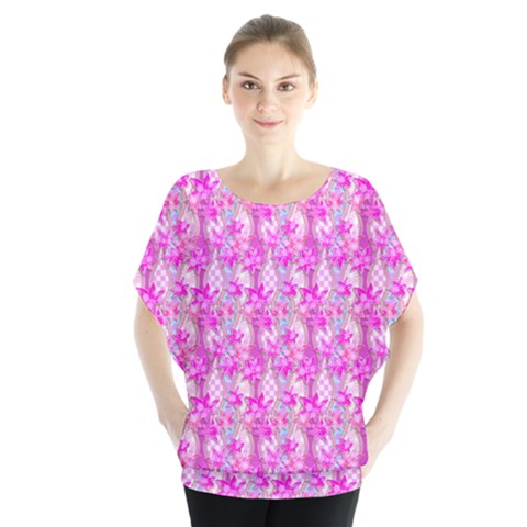 Maple Leaf Plant Seamless Pattern Pink Batwing Chiffon Blouse by Pakrebo