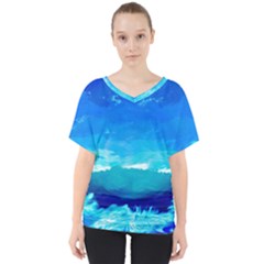 Blue Sky Artwork Drawing Painting V-neck Dolman Drape Top by Pakrebo