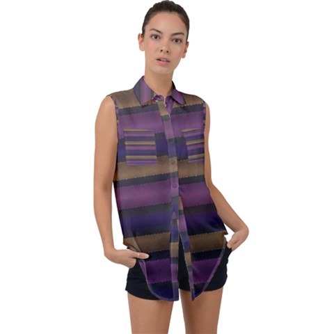 Stripes Pink Yellow Purple Grey Sleeveless Chiffon Button Shirt by BrightVibesDesign