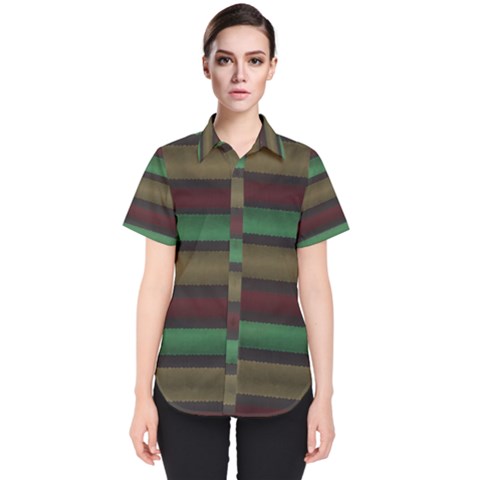 Stripes Green Red Yellow Grey Women s Short Sleeve Shirt by BrightVibesDesign