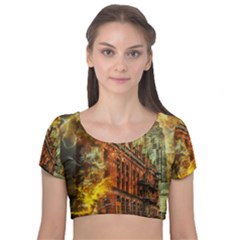 Flat Iron Building Architecture Velvet Short Sleeve Crop Top  by Pakrebo