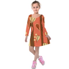 Amber Yellow Stripes Leaves Floral Kids  Long Sleeve Velvet Dress by Pakrebo