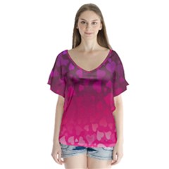 Purple Pink Hearts  V-neck Flutter Sleeve Top by LoolyElzayat