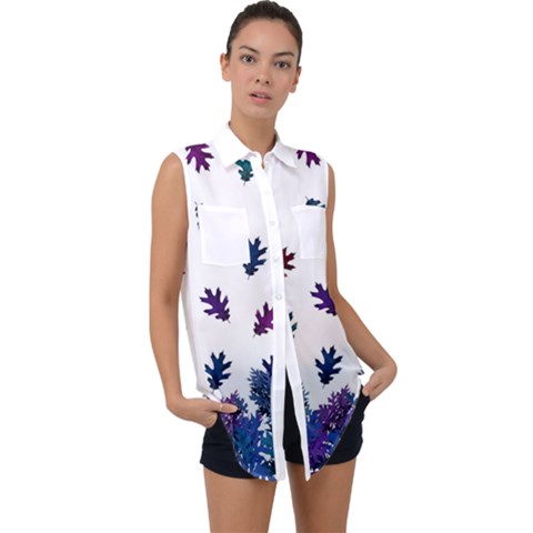 Blue Purple Leaves Sleeveless Chiffon Button Shirt by LoolyElzayat
