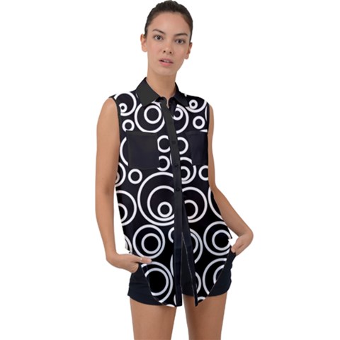 Abstract White On Black Circles Design Sleeveless Chiffon Button Shirt by LoolyElzayat
