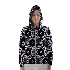 Black White Abstract Flower Hooded Windbreaker (women) by retrotoomoderndesigns