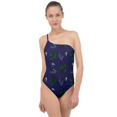Gothic Girl Rose Blue Pattern Classic One Shoulder Swimsuit by snowwhitegirl