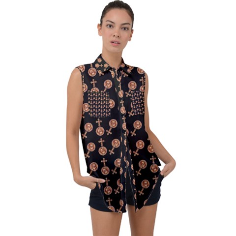 Victorian Crosses Black Sleeveless Chiffon Button Shirt by snowwhitegirl