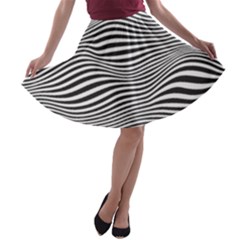 Retro Psychedelic Waves Pattern 80s Black And White A-line Skater Skirt by genx