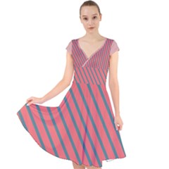 Living Coral Diagonal Stripes Cap Sleeve Front Wrap Midi Dress by LoolyElzayat