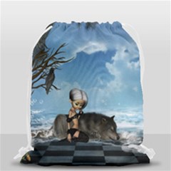 Cute Little Fairy With Wolf On The Beach Drawstring Bag (small) by FantasyWorld7