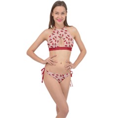 Red Apple Core Funny Retro Pattern Half Eaten On Pastel Orange Background Cross Front Halter Bikini Set by genx