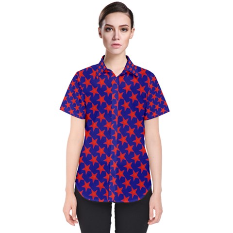 Red Stars Pattern On Blue Women s Short Sleeve Shirt by BrightVibesDesign