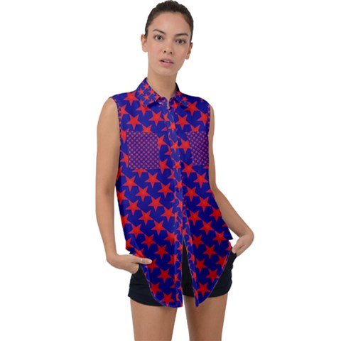 Red Stars Pattern On Blue Sleeveless Chiffon Button Shirt by BrightVibesDesign