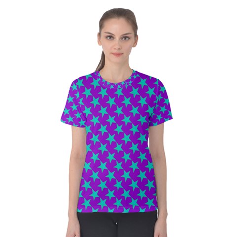 Turquoise Stars Pattern On Purple Women s Cotton Tee by BrightVibesDesign