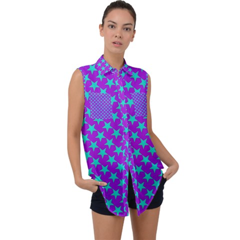 Turquoise Stars Pattern On Purple Sleeveless Chiffon Button Shirt by BrightVibesDesign