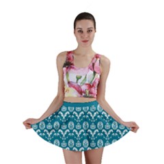 Easter Damask Pattern Deep Teal Blue And White Mini Skirt by emilyzragz
