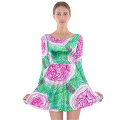 Roses With Gray Skies Long Sleeve Skater Dress by okhismakingart