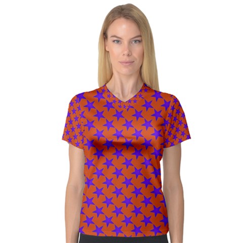 Purple Stars Pattern On Orange V-neck Sport Mesh Tee by BrightVibesDesign