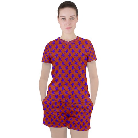 Purple Stars Pattern On Orange Women s Tee And Shorts Set by BrightVibesDesign
