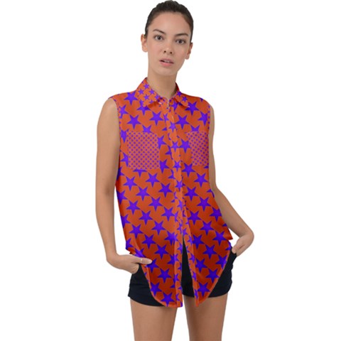 Purple Stars Pattern On Orange Sleeveless Chiffon Button Shirt by BrightVibesDesign