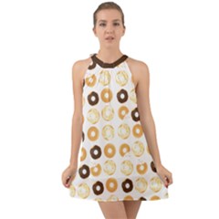 Donuts Pattern With Bites Bright Pastel Blue And Brown Cropped Sweatshirt Halter Tie Back Chiffon Dress by genx