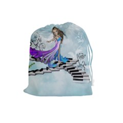 Cute Fairy Dancing On A Piano Drawstring Pouch (large) by FantasyWorld7