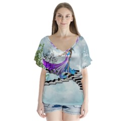 Cute Fairy Dancing On A Piano V-neck Flutter Sleeve Top by FantasyWorld7