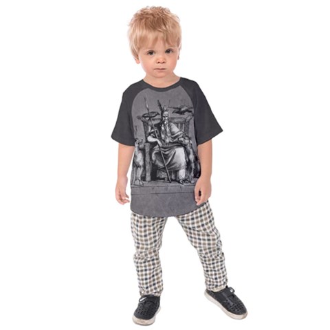 Odin On His Throne With Ravens Wolf On Black Stone Texture Kids  Raglan Tee by snek