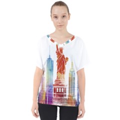 New York City Poster Watercolor Painting Illustrat V-neck Dolman Drape Top by Sudhe