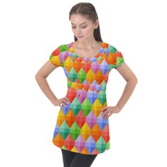 Background Colorful Geometric Triangle Rainbow Puff Sleeve Tunic Top by HermanTelo